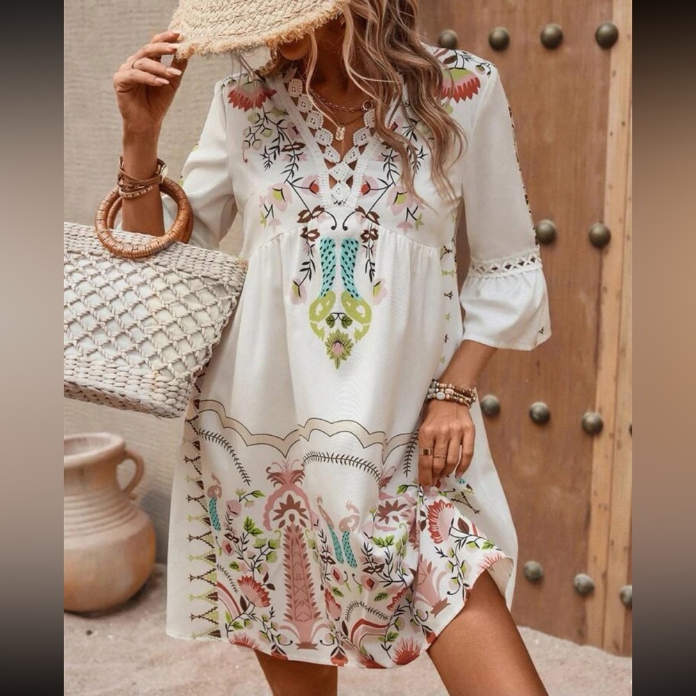 Boho floral print lace insert flare sleeve dress